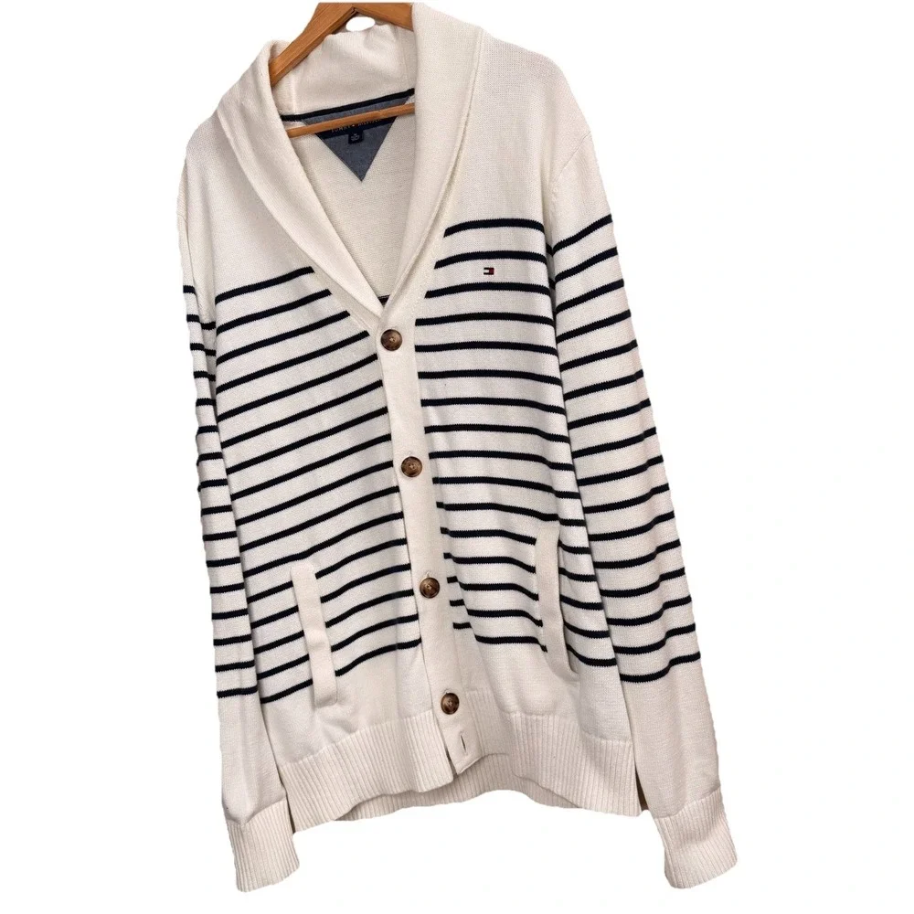 Tommy Hilfiger Shawl Collar Knit Cardigan Ivory & Black Striped Men's XL 100%cot
